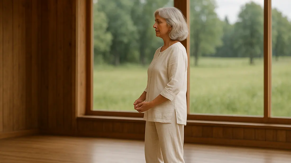 Idősebb nő előkészül a Nagyfa csikung meditációhoz