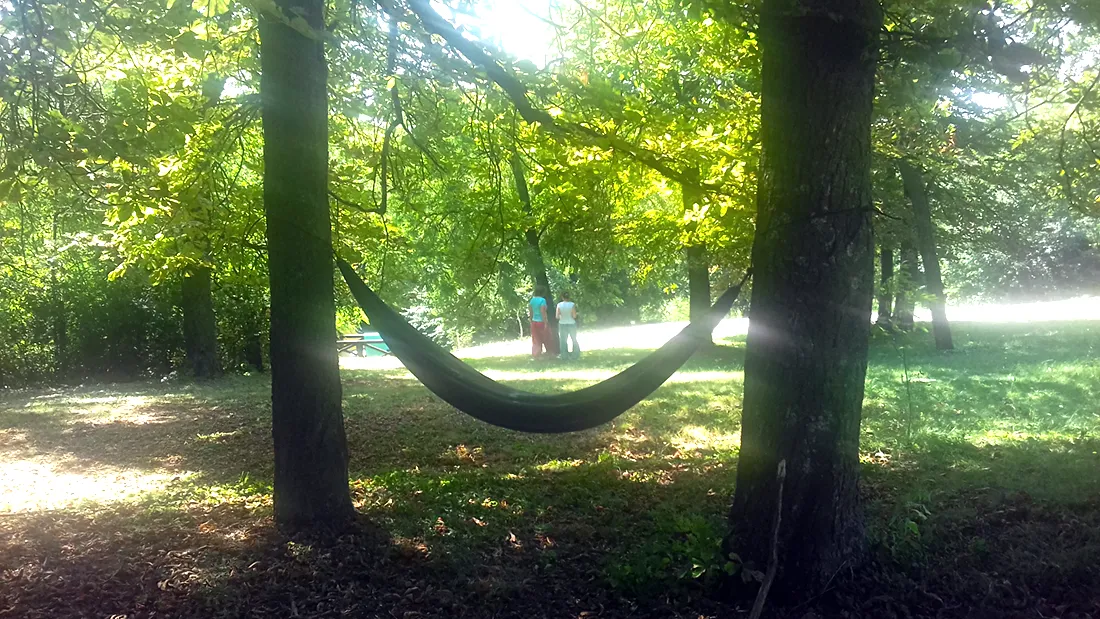 Zöld park függőággyal. A háttérben két nő Nagyfa csikung meditációra készül.