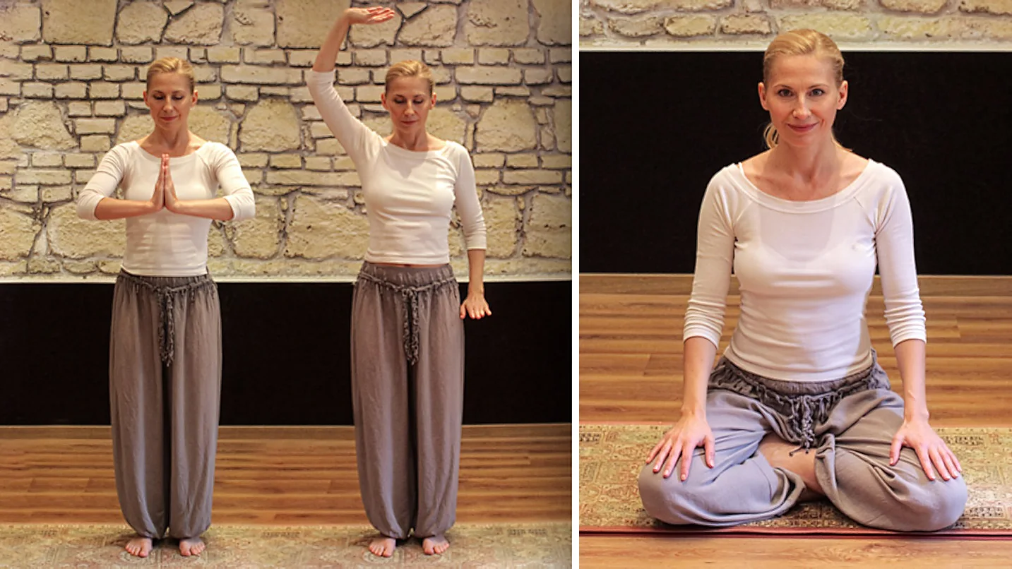 Egy nő 2 álló csikung testhelyzetben és egy szabályos ülő pózban